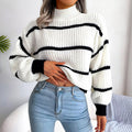 Autumn Winter Women'S Long Sleeve Fashion Oversized Striped Sweater Casual Turtleneck Side Split Tunic Jumper Knit Pullover