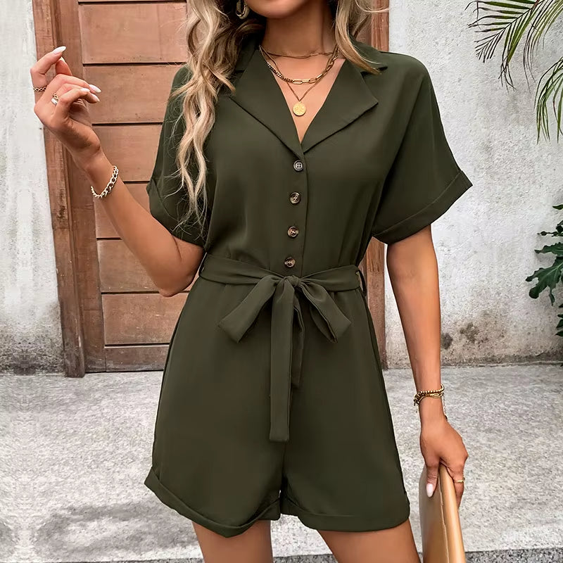 European and American Foreign Trade Women'S Lapel Lace-Up Jumpsuit Summer Button Design Sleeveless Jumpsuit