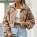 Cropped Bomber Jacket for Women, Lantern Sleeve Tops, Outwear Clothes, Corduroy, Autumn and Winter Coat, New, 18047