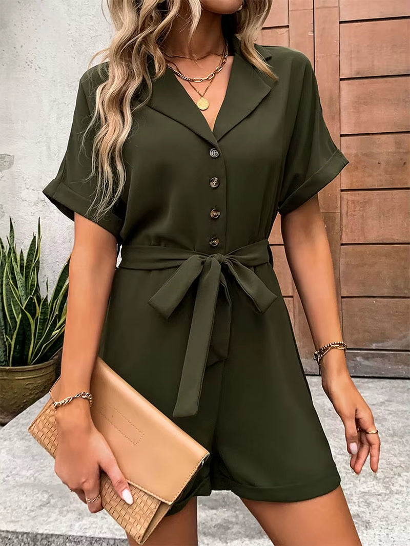 European and American Foreign Trade Women'S Lapel Lace-Up Jumpsuit Summer Button Design Sleeveless Jumpsuit