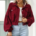 Cropped Bomber Jacket for Women, Lantern Sleeve Tops, Outwear Clothes, Corduroy, Autumn and Winter Coat, New, 18047