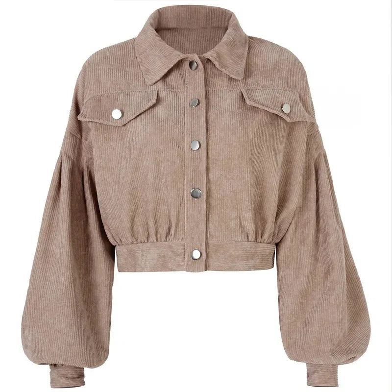 Cropped Bomber Jacket for Women, Lantern Sleeve Tops, Outwear Clothes, Corduroy, Autumn and Winter Coat, New, 18047