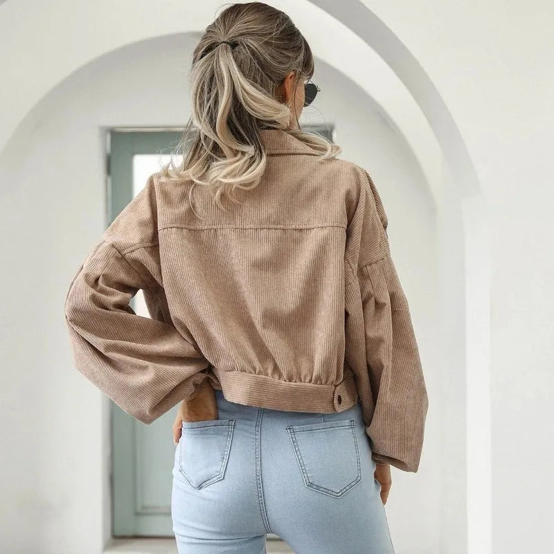 Cropped Bomber Jacket for Women, Lantern Sleeve Tops, Outwear Clothes, Corduroy, Autumn and Winter Coat, New, 18047