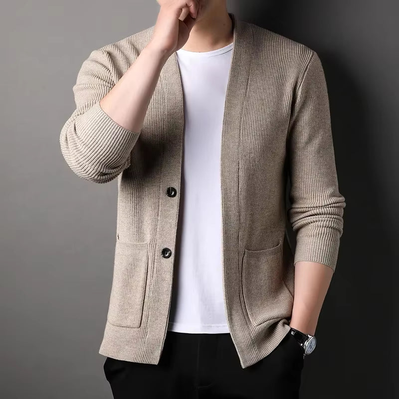 Men'S Autumn Knitted Cardigan, Japanese Style New Style Long-Sleeved, Fashionable and Casual Knitted Advanced Coat